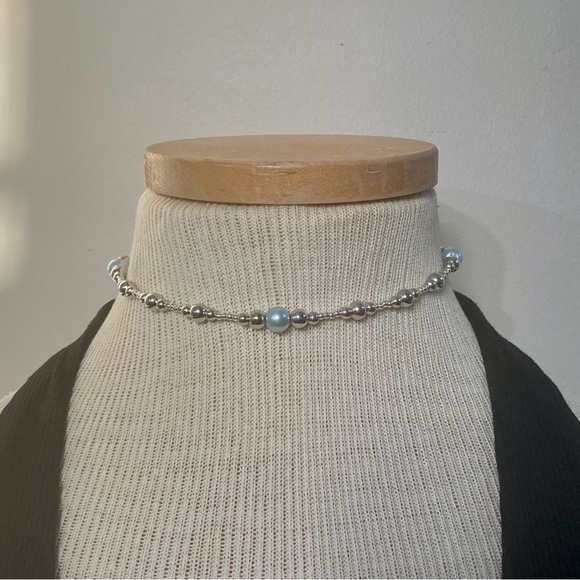 Hello Kitty Jewelry - Silver and Blue Faux Pearl Beaded Choker Necklace